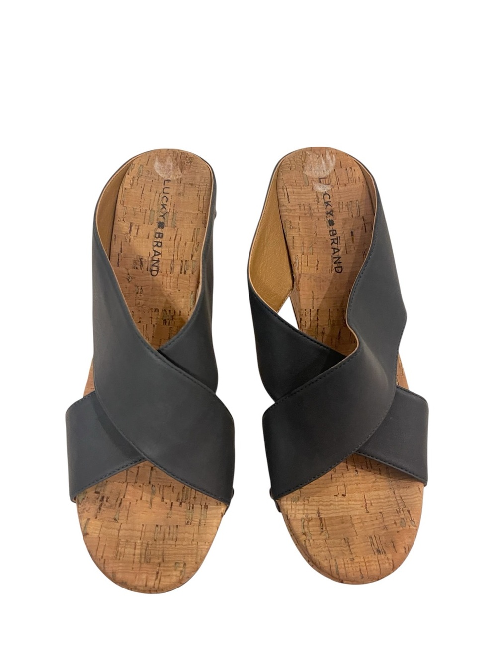 Women's Lucky Brand Mykayla Black Leather Cork Wedge Sandals Shoes - Picture 3 of 5
